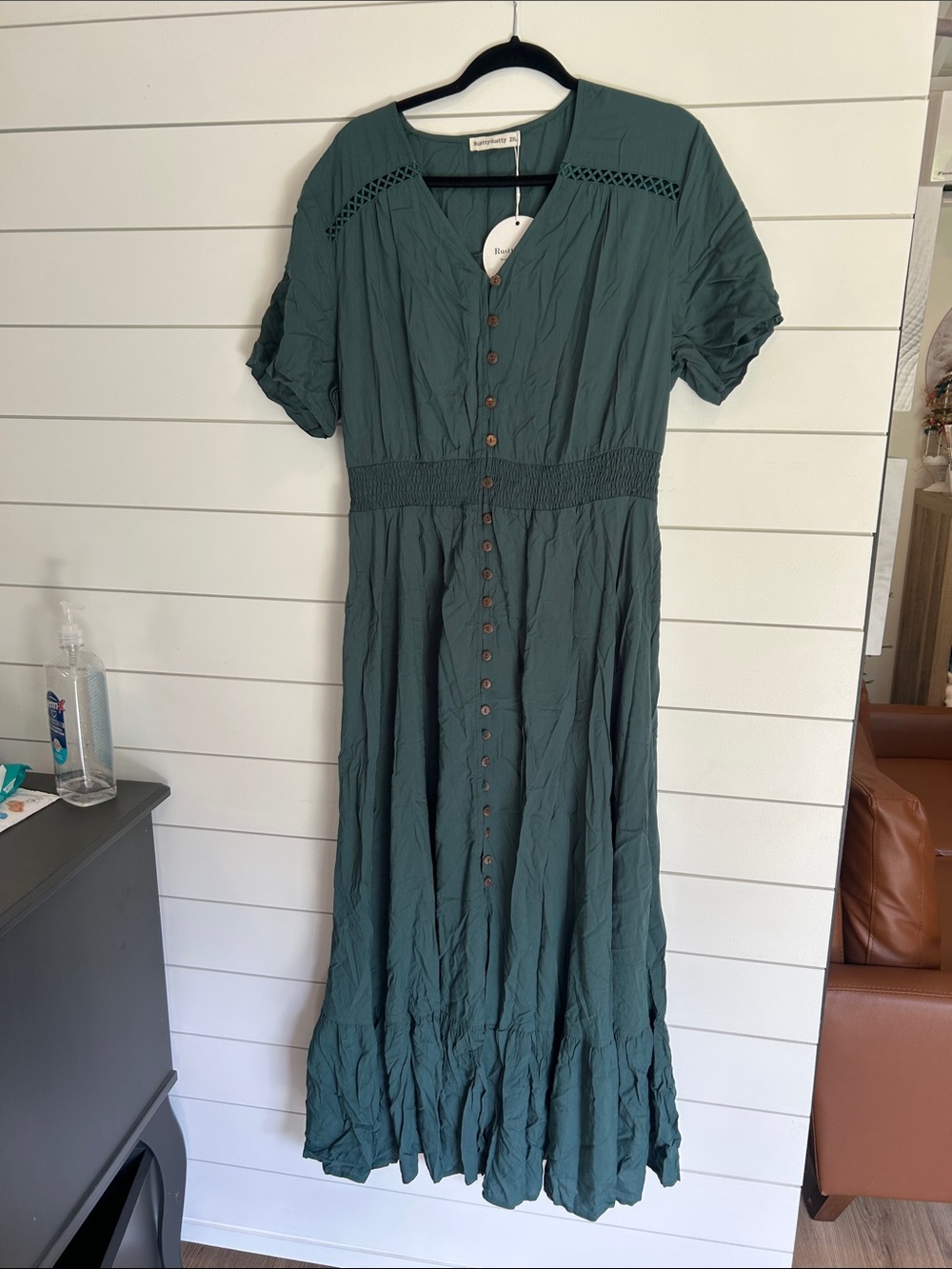 Button-Front Teal Maxi Dress with Smocked Waist